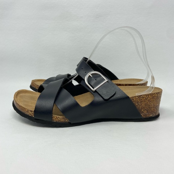 Natural Reflections Black Two Strap Open Toe Wedge Sandals - Picture 3 of 12
